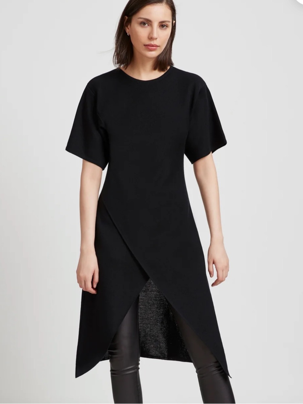 Marcella NYC Koya Black 100% Merino Wool Short Sleeve Wrap Long Tunic Small